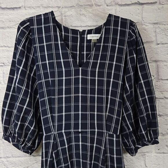 Calvin Klein Navy Belted Plaid Gauze Dress Balloon Puff Sleeves A-line CK Career - Picture 4 of 16